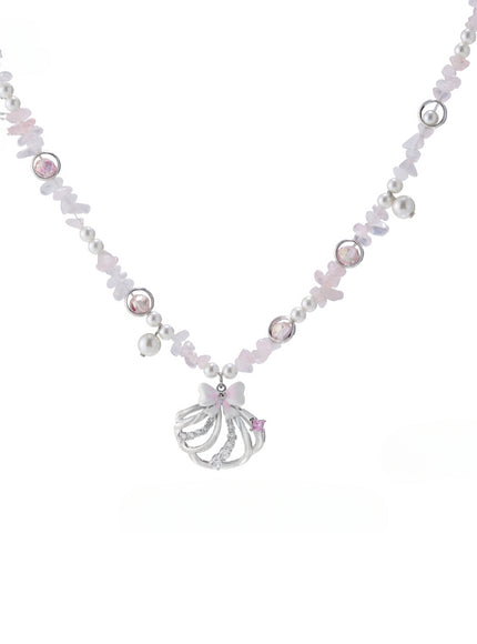 Crystal Bow & Pearl Pink Stone Necklace