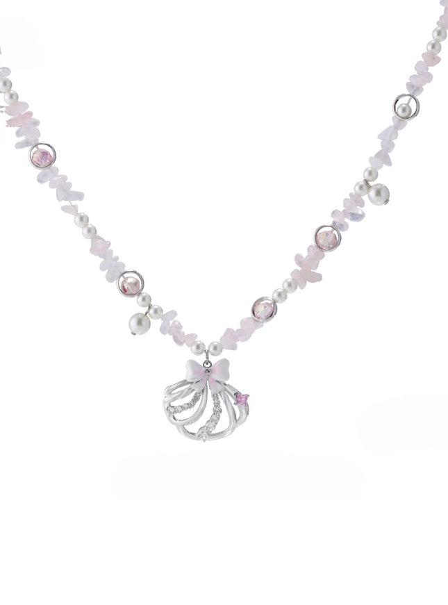 Crystal Bow & Pearl Pink Stone Necklace