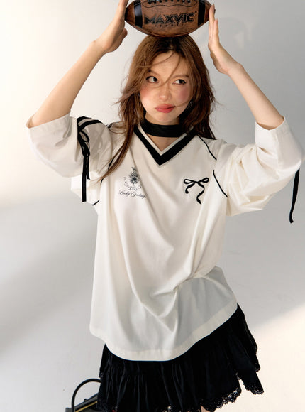 Sporty V-Neck Oversized Top - White