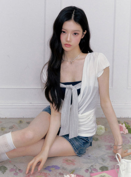Draped Ribbon Contrast Top