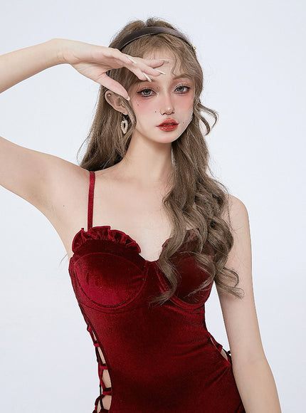 Velvet Lace-Up Corset Swimsuit