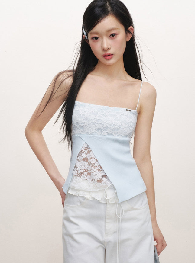 Lace Panel Slim Camisole Top - Blue