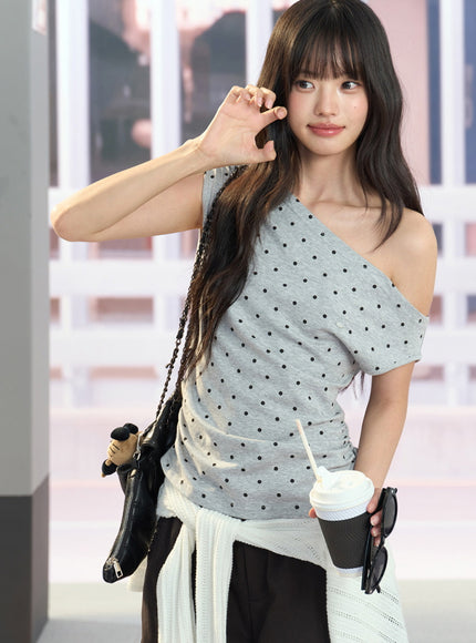 Asymmetric Polka Dot Top - Gray