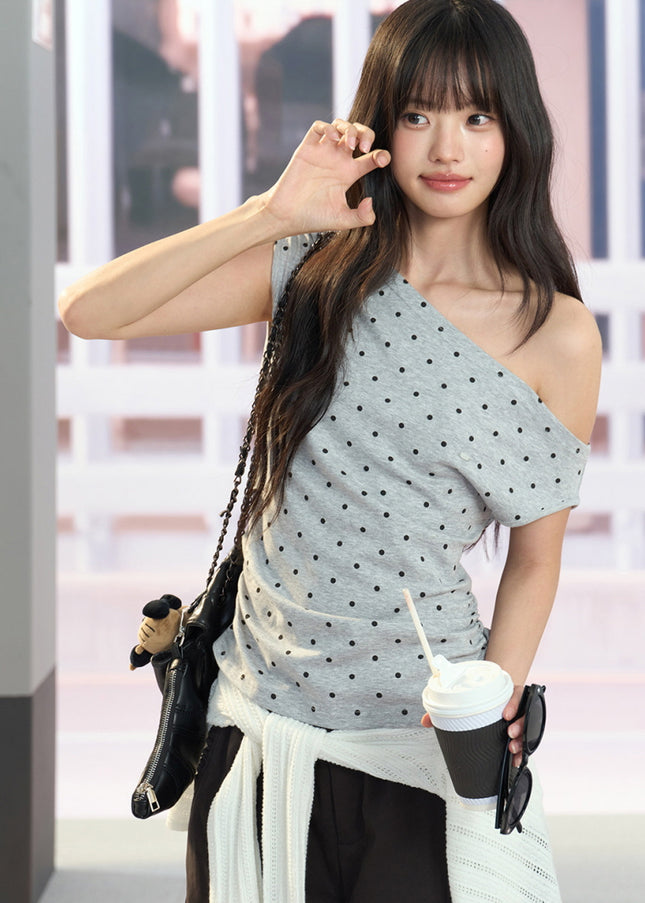 Asymmetric Polka Dot Top - Gray