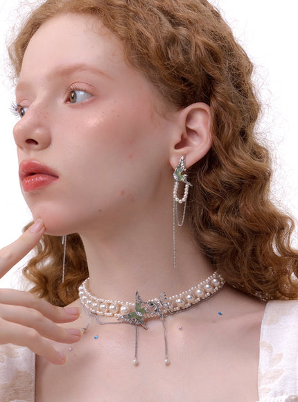 Emerald Butterfly Pearl Drop Earrings
