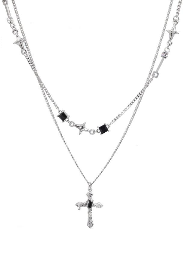Layered Cross Charm Chain Necklace