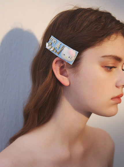 Beaded Kitty Denim Hair Clip