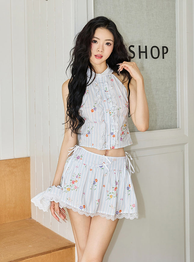 Floral Pleated Crop Top and Skirt Set