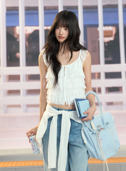 Lace Trim Tiered Chiffon Top
