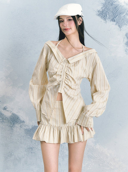 Striped Blouse & Ruffle Mini Skirt Set
