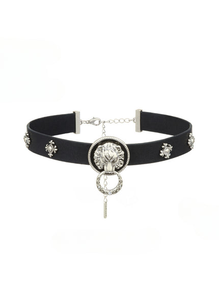 Lion Emblem Leather Choker Necklace