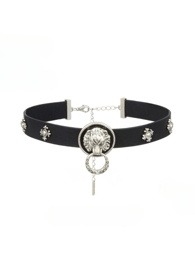 Lion Emblem Leather Choker Necklace