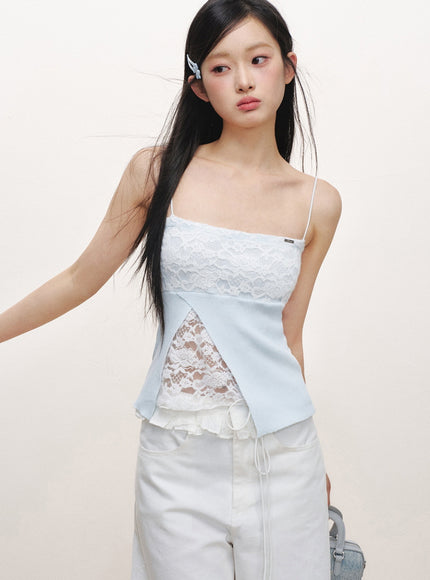 Lace Panel Slim Camisole Top - Blue