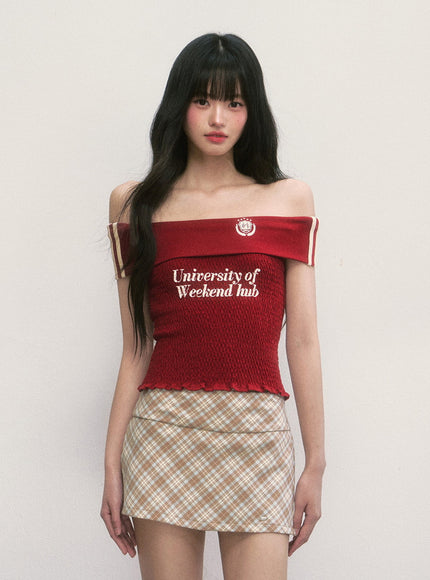 Emblem Off-Shoulder Smocked Top - Red