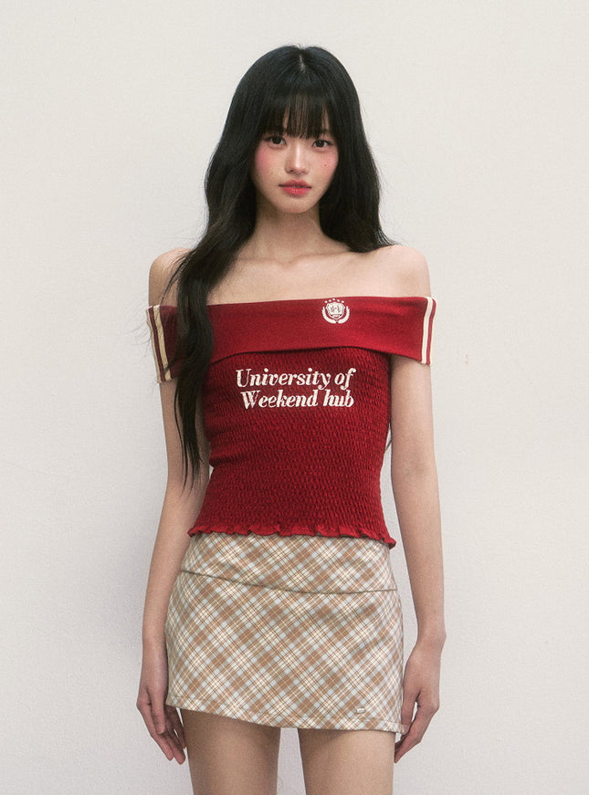Emblem Off-Shoulder Smocked Top - Red