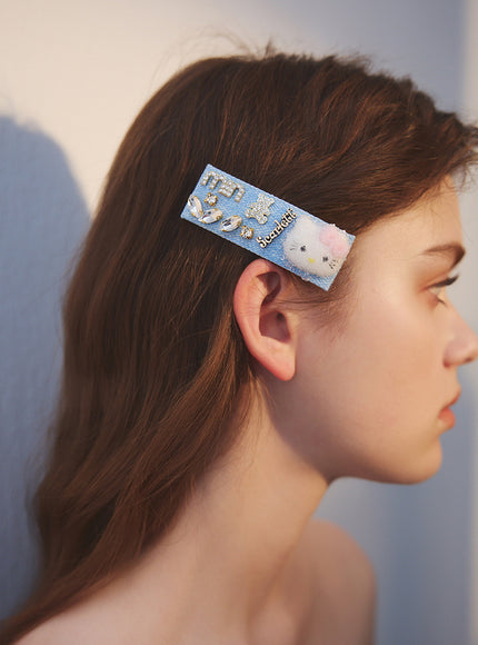 Beaded Kitty Denim Hair Clip