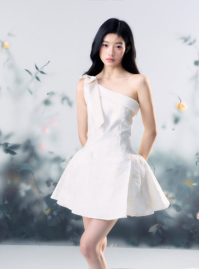 Floral Jacquard One-Shoulder Mini Dress