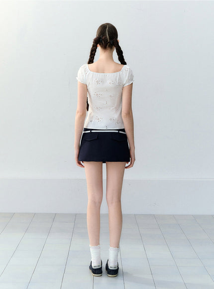Eyelet Puff Sleeve Ribbon Top - White