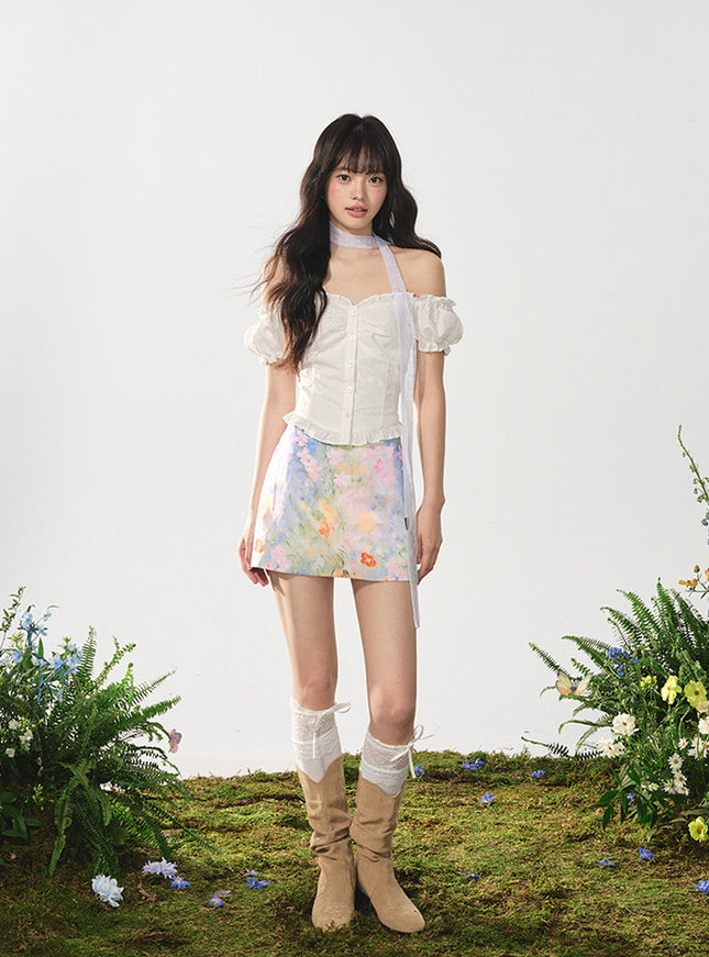 Watercolor Print A-Line Mini Skirt