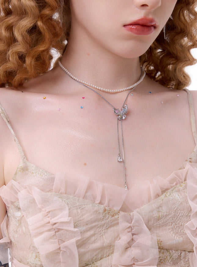 Butterfly Pearl Lariat Necklace