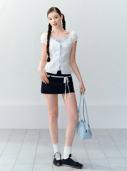 Eyelet Puff Sleeve Ribbon Top - White