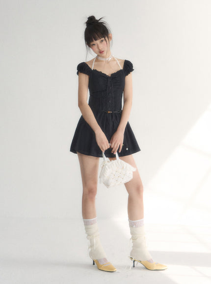 Off-Shoulder Ruched Cotton Mini Dress