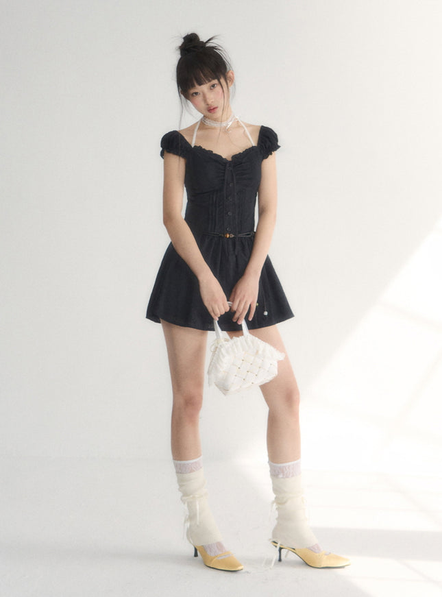 Off-Shoulder Ruched Cotton Mini Dress