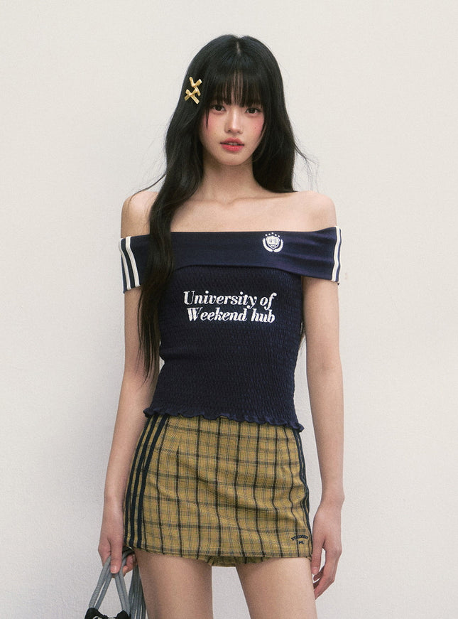 Emblem Off-Shoulder Smocked Top - Navy