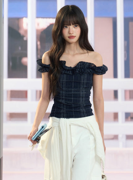 Ruffle Off-Shoulder Plaid Top