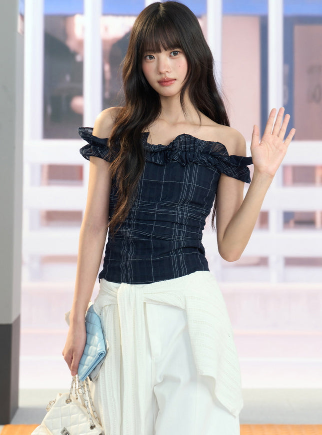 Ruffle Off-Shoulder Plaid Top