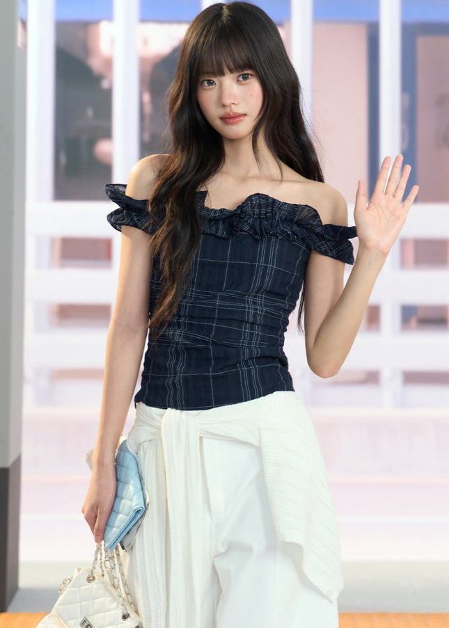 Ruffle Off-Shoulder Plaid Top