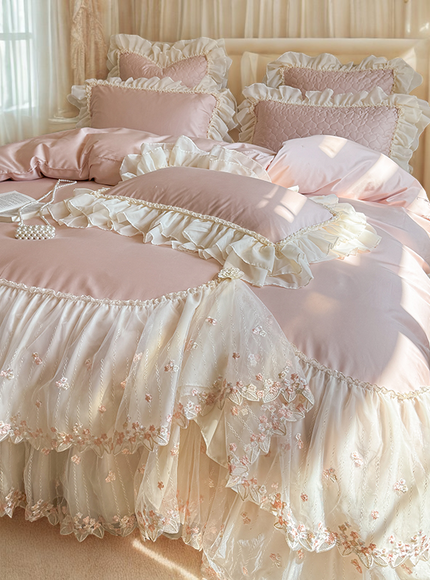 Ruffled Lace Canopy Bedding Set