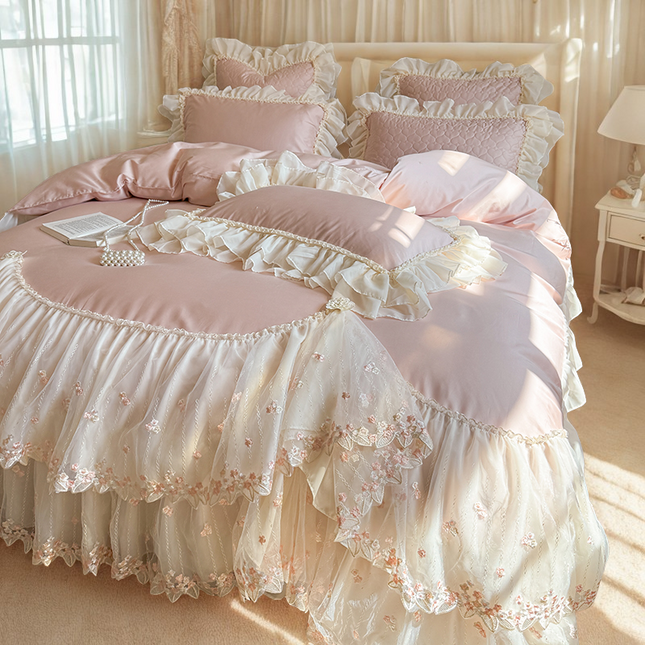 Ruffled Lace Canopy Bedding Set