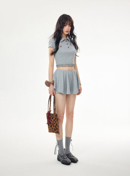 Preppy Cropped Polo and Pleated Skirt Set - Grey