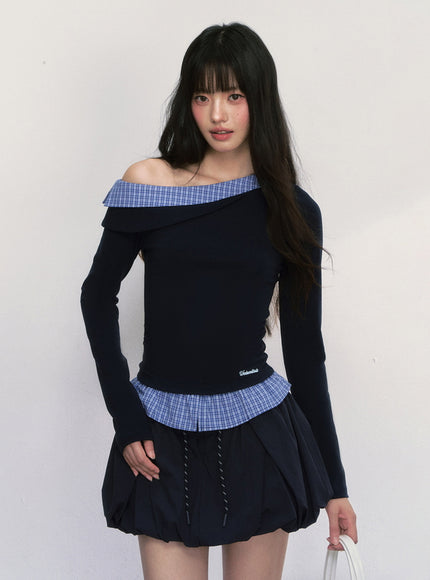Off-Shoulder Check Trim Top