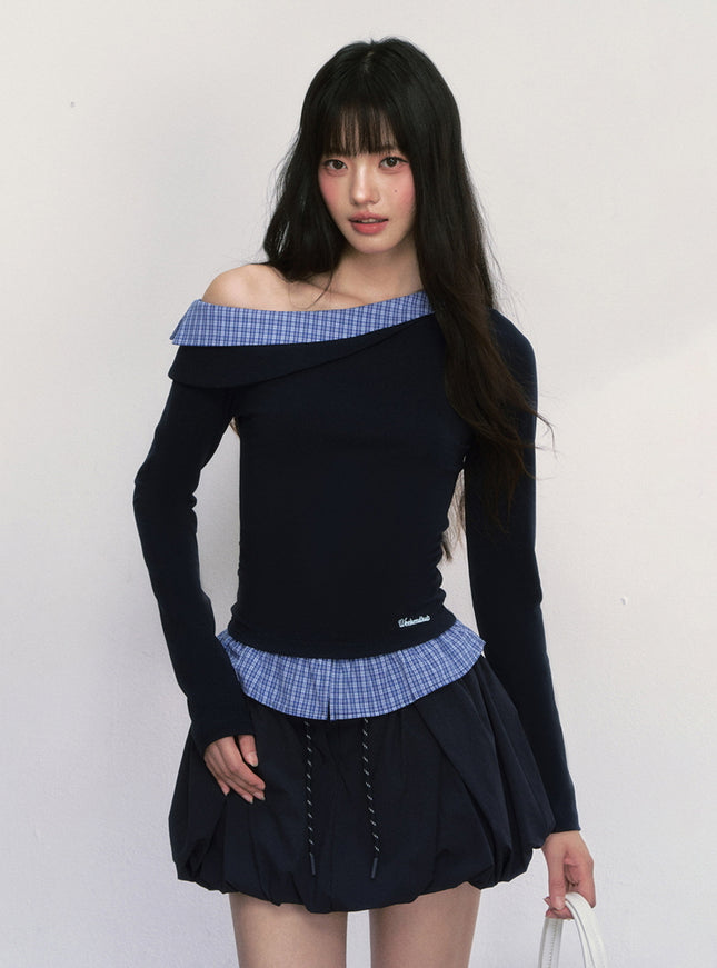 Off-Shoulder Check Trim Top