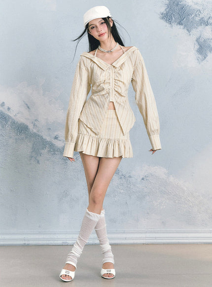 Striped Blouse & Ruffle Mini Skirt Set