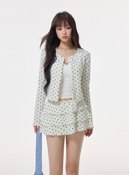 Polka Dot Layered Cardigan Skirt Set