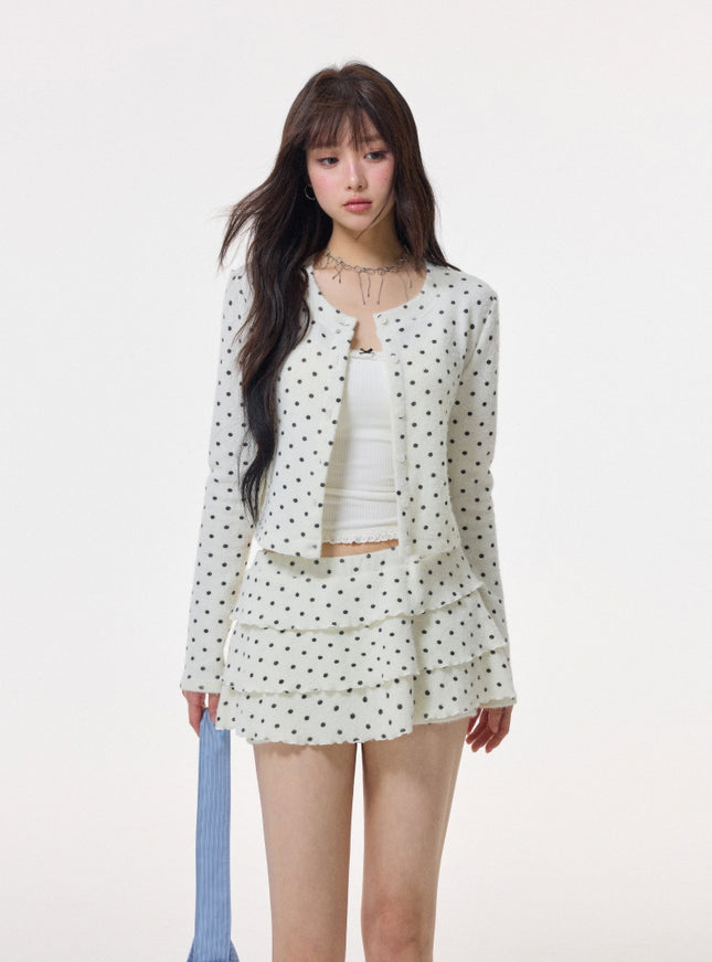 Polka Dot Layered Cardigan Skirt Set