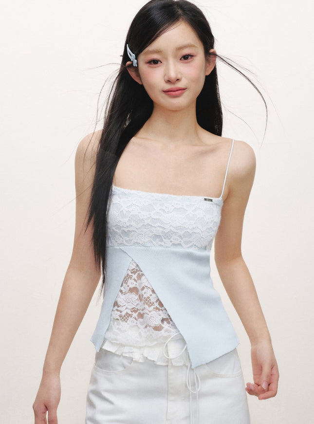 Lace Panel Slim Camisole Top - Blue