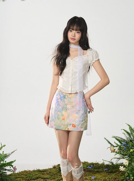 Watercolor Print A-Line Mini Skirt
