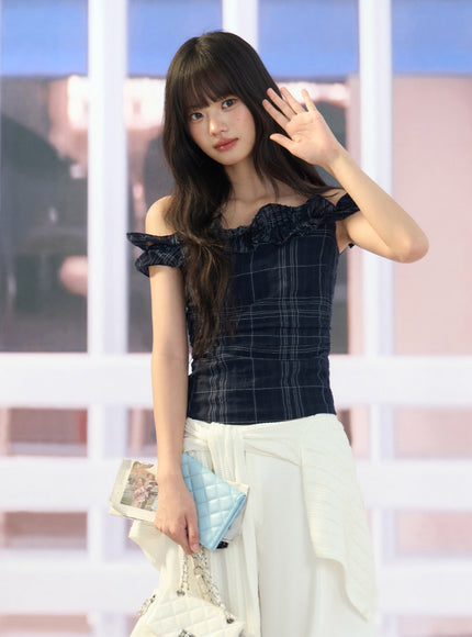 Ruffle Off-Shoulder Plaid Top