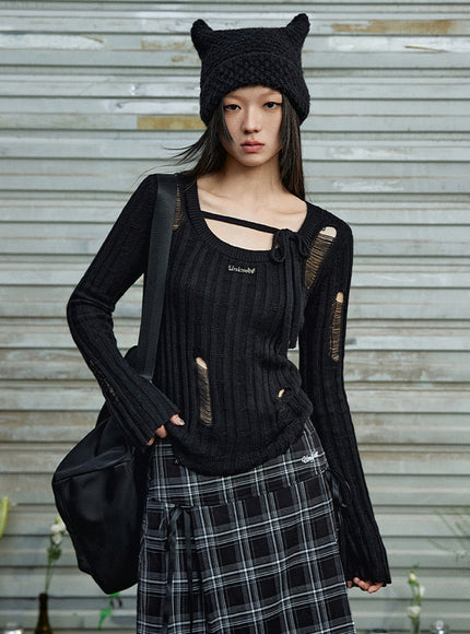 Distressed Bow Knit Top - Black