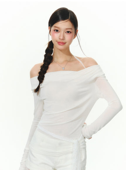 Sheer Off-Shoulder Slim Fit Top
