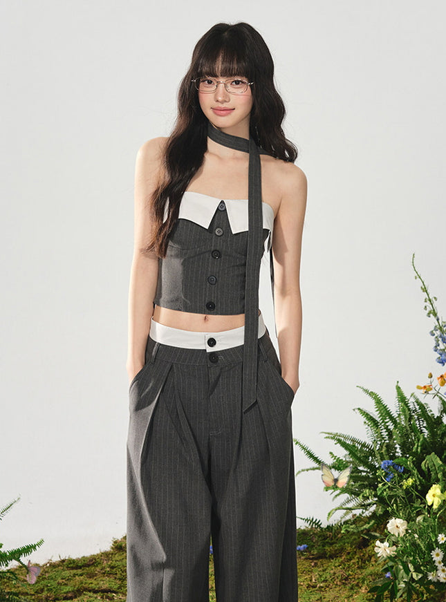 Panel Bustier and Wide-Leg Pants Set