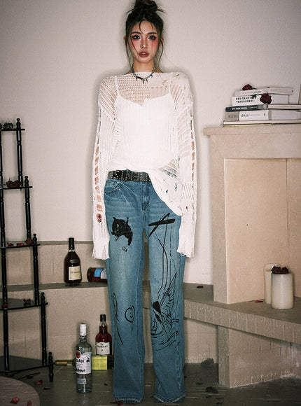 Distressed Open-Knit Sheer Sweater
