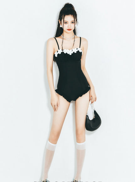 Floral Trim Slim-Fit One-Piece Swimsuit