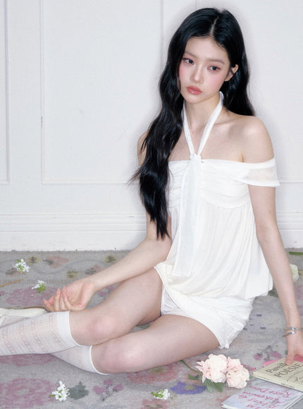 Off-Shoulder Bubble Hem Halter Top