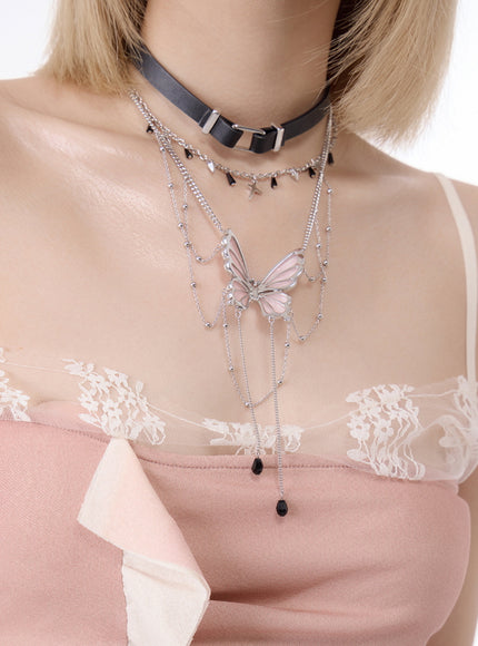 Layered Butterfly Pendant Choker Necklace