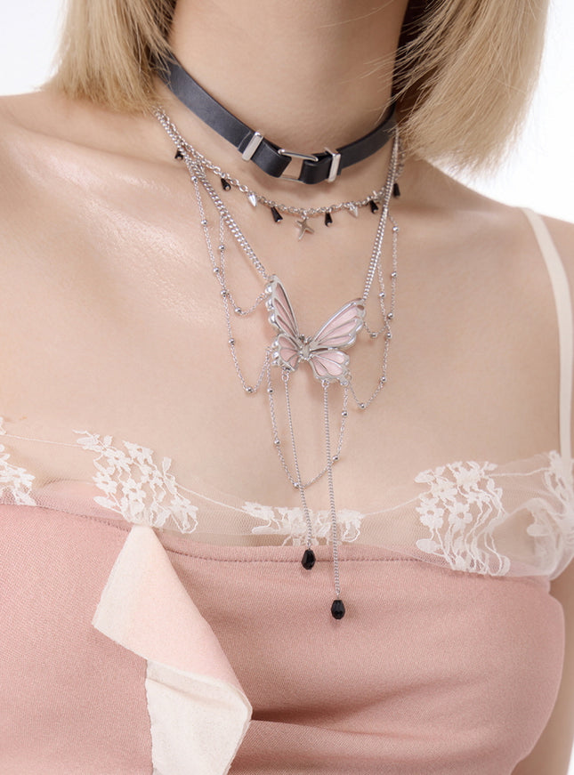 Layered Butterfly Pendant Choker Necklace